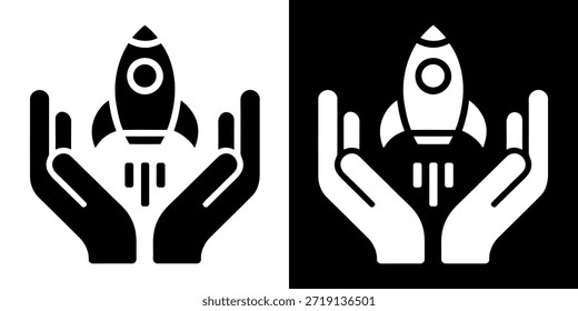 Un icono minimalista que representa un cohete despegando desde dentro de un par de manos ahuecadas. El icono se presenta dos veces: una vez en negro sólido sobre un fondo blanco, y otra vez en blanco sólido sobre un fondo negro. Las manos están estilizadas, mostrando las palmas mirando hacia arriba, sosteniendo y apoyando suavemente el cohete a medida que asciende, lo que se indica por Pequeñas líneas de Vertical que representan el empuje. Esto simboliza conceptos como el lanzamiento de nuevas empresas, la Asistencia de negocios, la innovación, el cuidado, la protección y el crecimiento de nuevas empresas. El estilo es limpio, moderno y adecuado para íconos web o interfaces App.