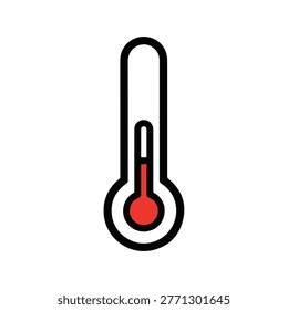 A minimalist icon depicting a thermometer with a red mercury column, signifying a warm or hot temperature. It's a clear visual representation of heat.