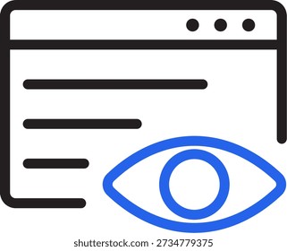 Um ícone minimalista representando uma janela do navegador da Web com um símbolo de olho, ilustrando conceitos de visualizações de páginas da Web, presença on-line e vigilância digital.