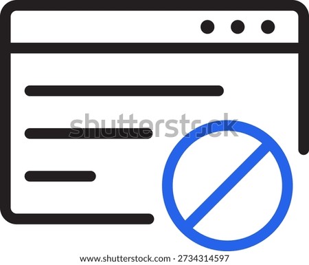 A minimalist icon depicting a web browser window with a blue prohibition sign overlaying it, symbolizing blocked access or content.