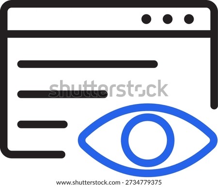 A minimalist icon depicting a web browser window with an eye symbol, illustrating concepts of web page views, online presence, and digital surveillance.