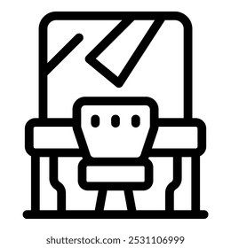 Minimalist icon depicting a well organized workspace, featuring a desk, chair, and a monitor, symbolizing productivity and focus