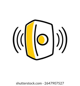 Um ícone minimalista representa um alto-falante hexagonal branco com um sotaque amarelo e um círculo amarelo central. Ondas sonoras negras emanam de ambos os lados, sugerindo saída de áudio ou um sinal.