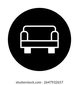 Minimalist icon design featuring a white outline of a sofa against a solid black circular background for design projects