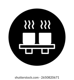 Minimalist icon design showcasing two steaming beverages side by side in a simple black circle