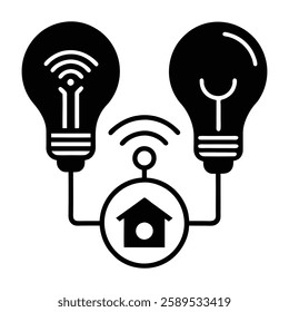 Minimalist icon design, smart home concept, WiFi-enabled light bulbs, connected house symbol, black and white illustration.