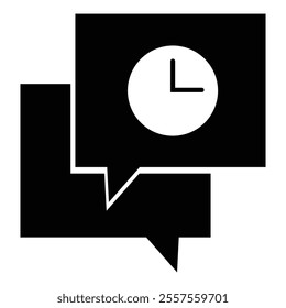 Minimalist icon design, speech bubble with clock, black and white graphic, time management concept, conversation timing, schedule discussion, simple geometric shapes, clean lines, stark contrast.