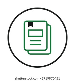A minimalist icon displays stacked documents with a small bookmark, hinting at relevant information or well-organized content. Ideal for symbolizing reports, educational materials, or other business