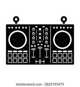 Minimalist icon of a DJ controller featuring turntables, mixer faders, knobs and pads. Perfect for music production and sound engineering designs.