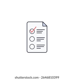 Um ícone minimalista de um documento com uma lista de verificação e uma marca de seleção vermelha, simbolizando rotinas de autocuidado, conclusão de tarefas, planejamento, metas e produtividade.