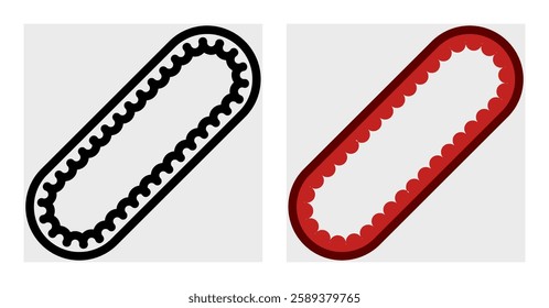 Minimalist icon of a drive belt in black-and-white and red styles. Features a looped belt with detailed teeth. Perfect for automotive graphics, repair shop branding, and mechanical infographics. 