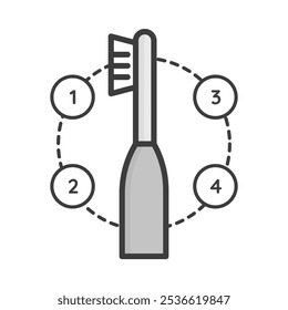 Minimalist icon of an electric toothbrush with a numbered sequence showing it features. Ideal for dental care, hygiene, and technology themes.