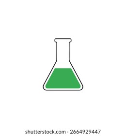 A minimalist icon of an Erlenmeyer flask, a type of laboratory glassware, containing a green chemical liquid.