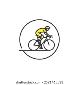 A minimalist icon features a cyclist in a yellow outfit riding a bicycle within a circular outline, symbolizing motion, activity and sport.