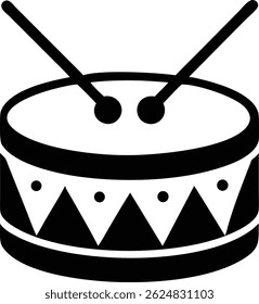 The minimalist icon features a drum with two drumsticks poised above it, showcasing a simple yet effective geometric design. The graphic is a solid black on a white background.