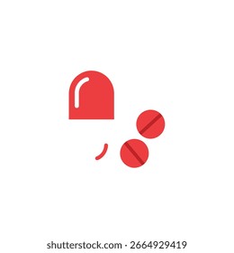 Eine minimalistische Ikone verfügt über eine rote Kapsel und zwei rote Pillen mit weißen Markierungen, auf einem sauberen weißen Hintergrund.