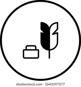 A minimalist icon features a suitcase and a feather inside a circle, suggesting travel, adventure, and exploration. Perfect for travel agencies or tourism-related content.