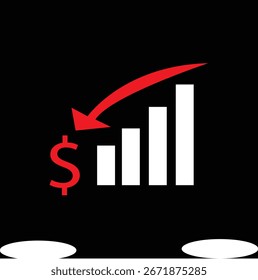 Ein minimalistisches Symbol mit einem Balkendiagramm mit einem roten Dollarzeichen und einem roten Abwärtspfeil, der einen finanziellen Verlust oder einen Marktabschwung symbolisiert. Perfekt für Finanzberichte, Geschäftspräsentationen und App