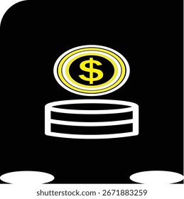Ein minimalistisches Symbol mit einer hellen Dollarmünze auf einem Stapel Münzen. Ideal für Finanzanwendungen, Investitionsplattformen und Unternehmenspräsentationen, die sich auf Einsparungen und Erträge konzentrieren.