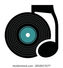 Minimalist icon featuring a classic black vinyl record merged with a musical note symbol. Perfect for music streaming apps, audio production, radio and sound design.