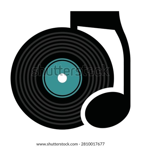 Minimalist icon featuring a classic black vinyl record merged with a musical note symbol. Perfect for music streaming apps, audio production, radio and sound design.