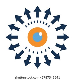 A minimalist icon featuring an orange and blue eye surrounded by radiating arrows pointing outward. Represents focus, awareness, expansive vision, and perspective.