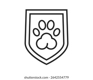 Minimalist icon featuring a paw print within a shield. Symbolizes protection, animal care, security. Ideal for veterinary services, pet products, or animal welfare.