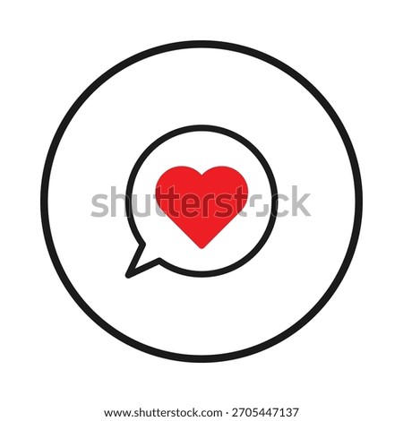 A minimalist icon featuring a red heart inside a chat bubble, enclosed within a circle. It represents love, connection, or a positive sentiment shared through digital communication, social media, or