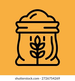 Ein minimalistisches Symbol mit einem Sack Korn mit einem Weizenhalm-Symbol auf lebhaftem orangefarbenem Hintergrund.