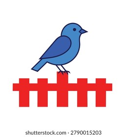 Minimalist icon featuring a stylized blue songbird standing on top of a red wooden fence isolated on a white background