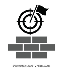 A minimalist icon featuring a target with a flag placed atop a gray brick wall, symbolizing overcoming challenges, goal setting, strategic planning, and success.