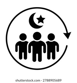A minimalist icon featuring three human silhouettes under a moon and star motif, enclosed by a circular arrow, symbolizing night shifts, cycles, or community time.