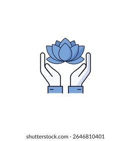  A minimalist icon featuring two hands gently cradling a blue lotus flower, symbolizing spirituality, inner peace, meditation, purity, and wellness.