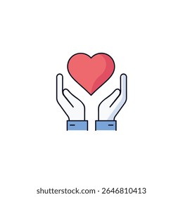 A minimalist icon featuring two hands symbolically holding or cradling a red heart. This image represents love and gratitude. Suitable for designs related to charity, wellness.