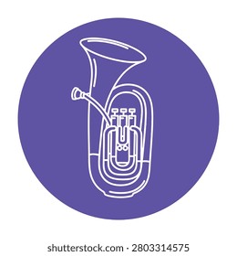 A minimalist icon featuring a white line drawing of a tuba set against a vibrant purple circular background. Ideal for music education, band logos, and web design.