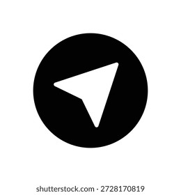 A minimalist icon featuring a white paper airplane or triangular shape pointing towards the right, enclosed within a solid black circular background. The design is simple and graphic, making it suitable for representing actions like 'send message', 'share', 'navigate', or 'location' in digital interfaces. The stark contrast between the white icon and black circle on a white overall background provides high visibility and clarity, often used in mobile applications or web platforms for various functions.