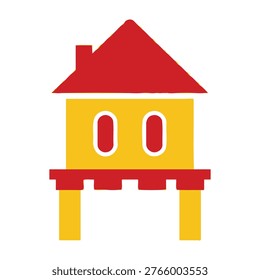 A minimalist icon featuring a yellow stilt house with a red roof and red windows. This simple geometric design represents coastal living, flood zones, vacation homes, and property development concepts.