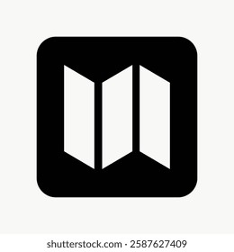 Minimalist icon of a folded map in black and white. The map icon features three panels, symbolizing navigation and travel. Simple and modern map design. User interface icon vector.
