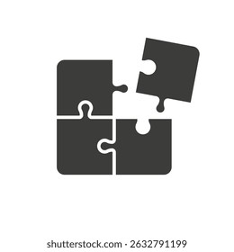 Minimalist icon of four puzzle pieces, one separated, symbolizing problem solving, teamwork, or integration on a white background.