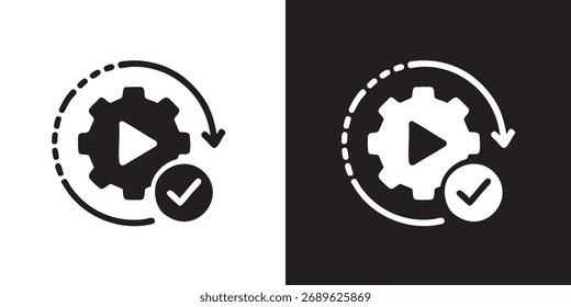 Icono minimalista de engranaje con Botón de juego y flecha circular para el proceso de medios automatizado
