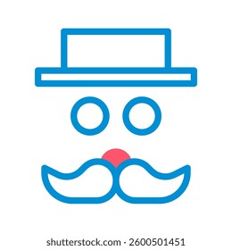 A minimalist icon of a gentleman with a hat and mustache in blue and red. A simple, modern avatar design.