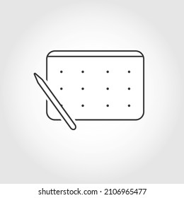 Minimalist icon of a graphics tablet with a digital pen on the side