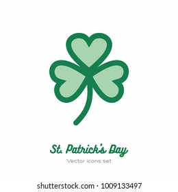 Minimalist icon with green vector lucky clover, shamrock, for st. Patrick's day. Flat icon for logo, sign, button. Light clear style for st Patrick's day menu, flyer, poster, postcard with clover. 
