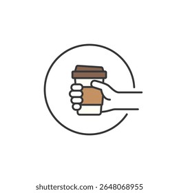 Um ícone minimalista de uma mão segurando uma xícara de café com tampa captura a mobilidade, a cultura da cafeína e o charme do lado da rua para cafés que têm como alvo as movimentadas nadadoras urbanas e os passageiros diários