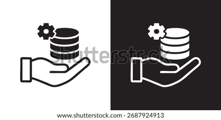 Minimalist Icon of Hand Holding Data Stack with Gear for System Configuration