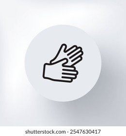 Minimalist icon of hands or rubber gloves, hands in latex medical gloves, in a circle on a light gray background.
