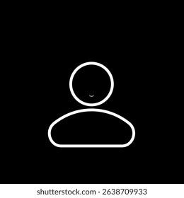 Minimalist icon of a happy person smiling, created in white line art on a black background, symbolizing positivity, optimism, and emotional well-being