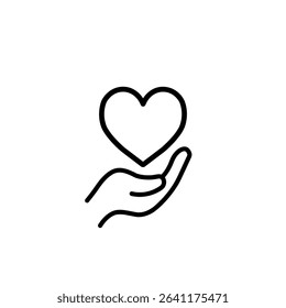 Minimalist icon of a heart being held by two hand, symbolizing care, emotional support, empathy, and love.