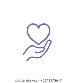 Minimalist icon of a heart being held by two hand, symbolizing care, emotional support, empathy, and love.