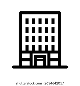 Um ícone minimalista de um edifício alto, com contornos pretos limpos que definem sua estrutura. O projeto transmite a arquitetura urbana com formas geométricas simples.